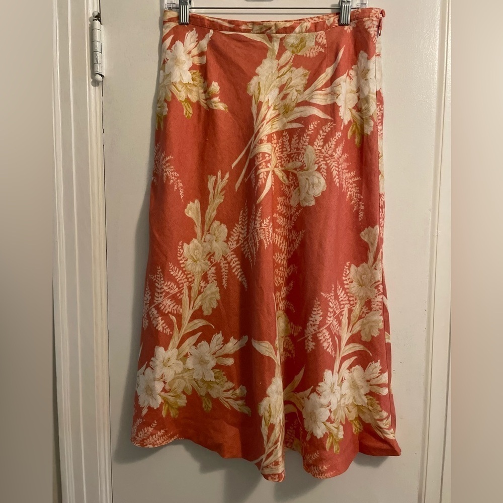 100% Linen Floral Cottage-core A Line Midi Skirt Size 12 Petite